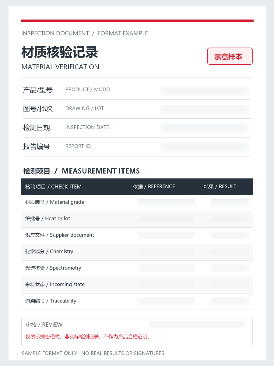 Material verification record — illustrative format only, not an actual inspection record